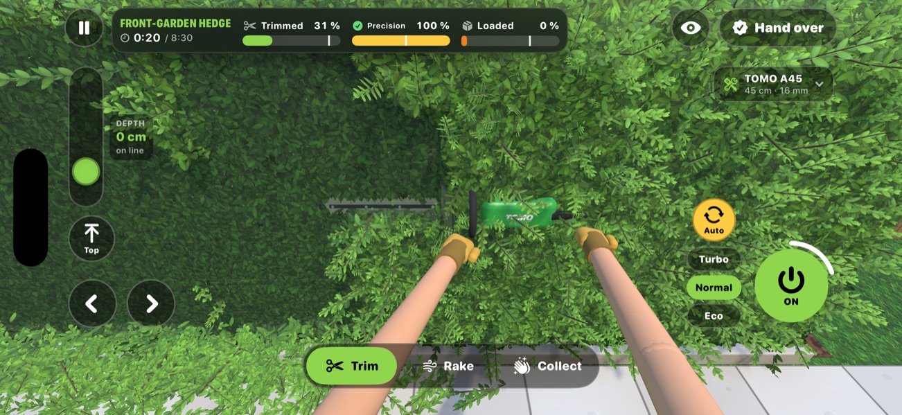 Screenshot: The trimmer at work: foliage comes away exactly where the blade passes