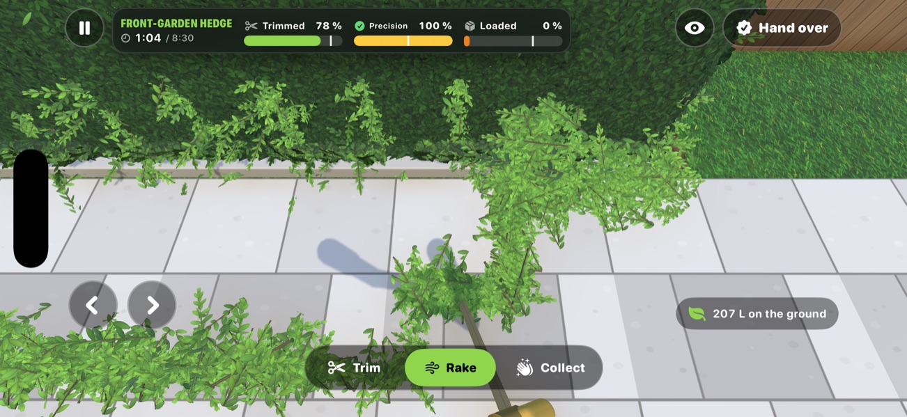 Screenshot: Raking the clippings into piles