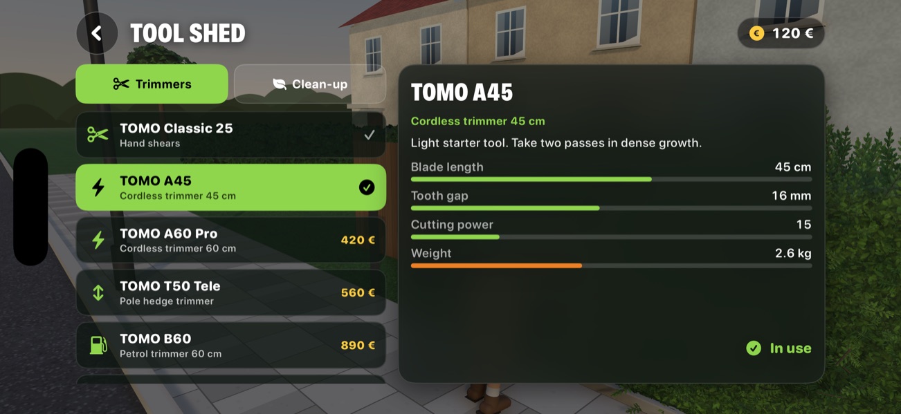 Screenshot: The tool shed with the TOMO trimmers